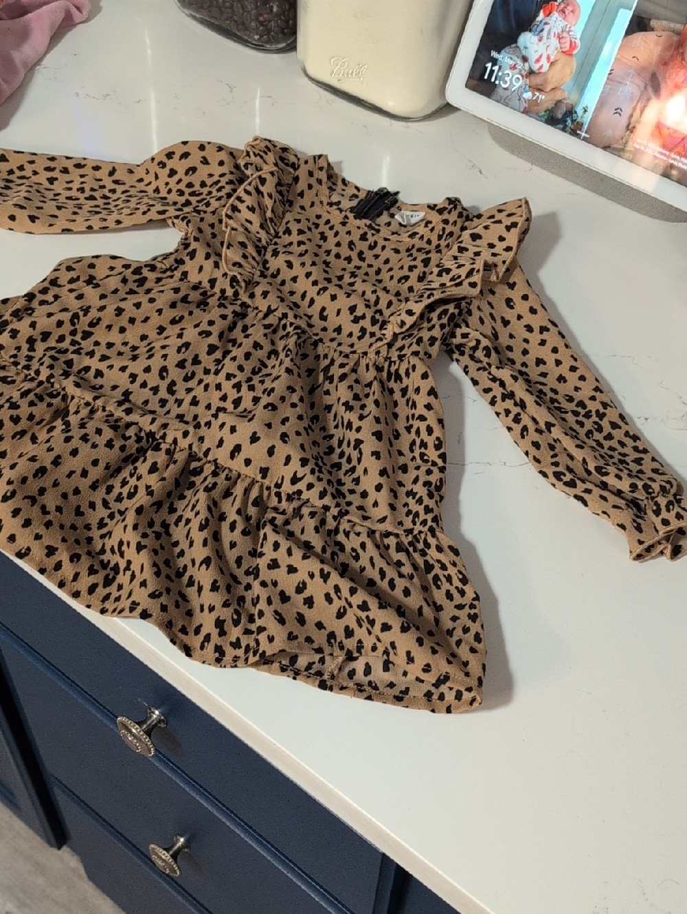 SHEIN Tan & Black Leopard Print Ruffle Dress for Girls